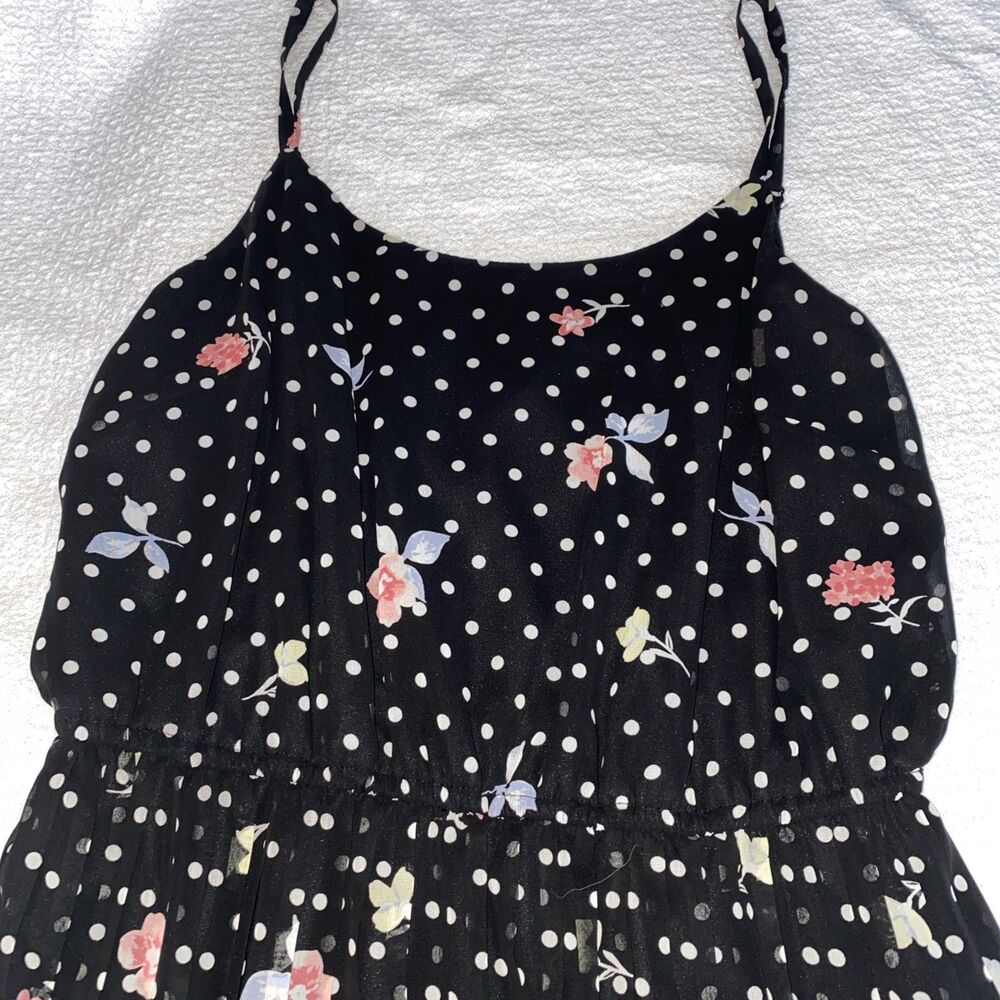 Whimsigoth Floral Pleated Dress Black Polka Dot Midi Romantic Adjustable Straps - Picture 2 of 8